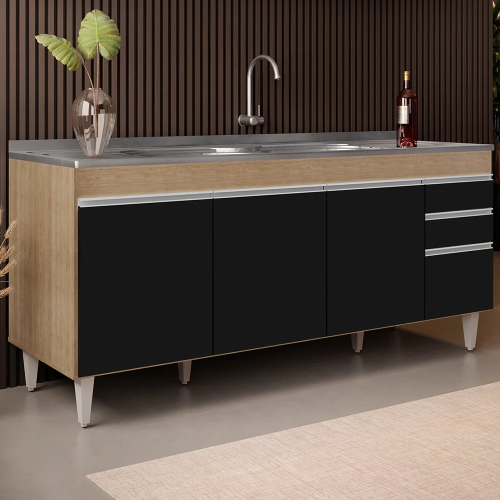 Balcão Gabinete Com Pia 180cm Dallas Castanho/Preto - Lumil