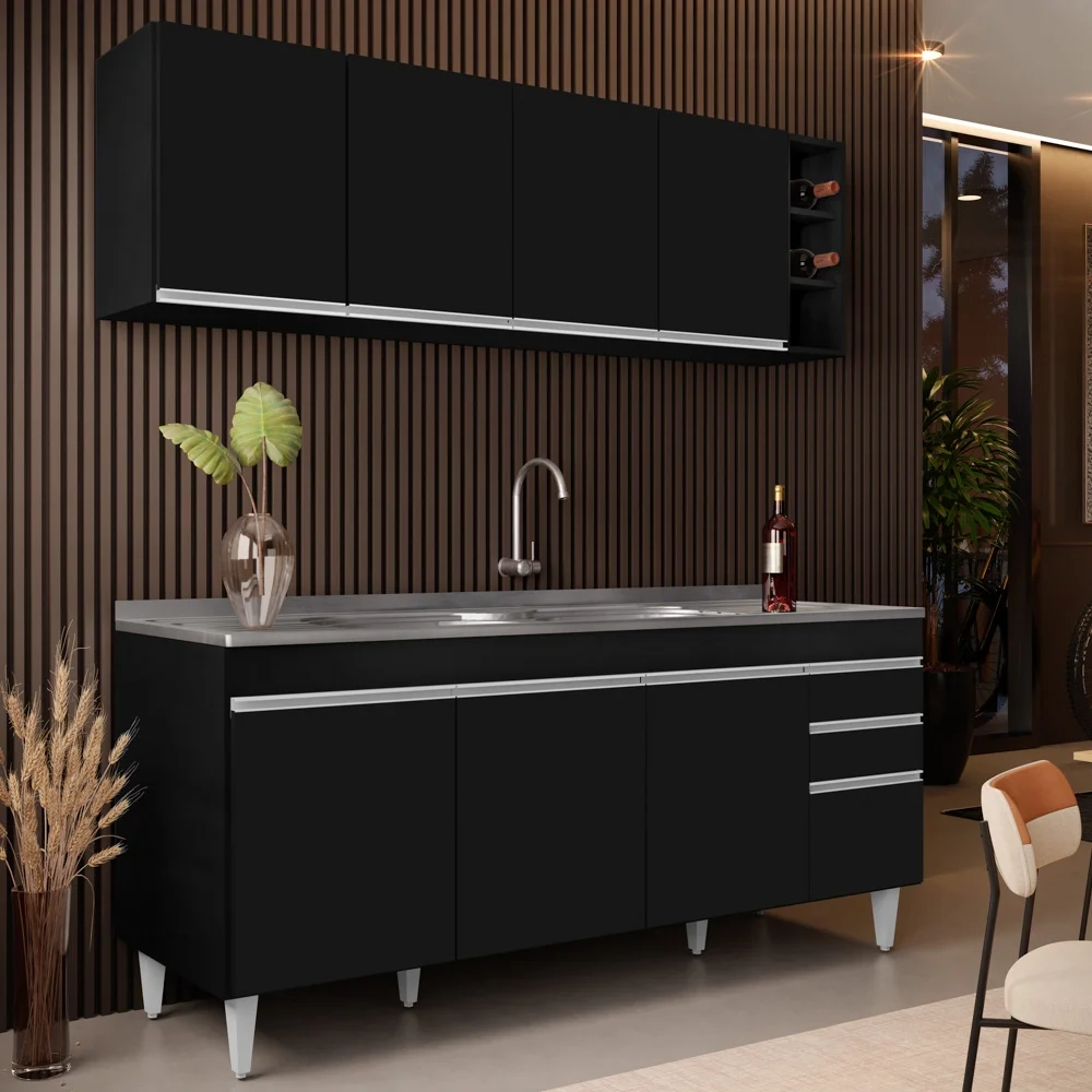 Armário Aéreo Nevada e Balcão Gabinete 180cm Com Pia Dallas Preto - Lumil