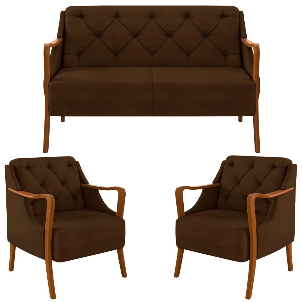 Kit Namoradeira 135cm e 2 Poltronas Decorativas Capitonê Lapa Z32 Veludo Marrom - Mpozenato