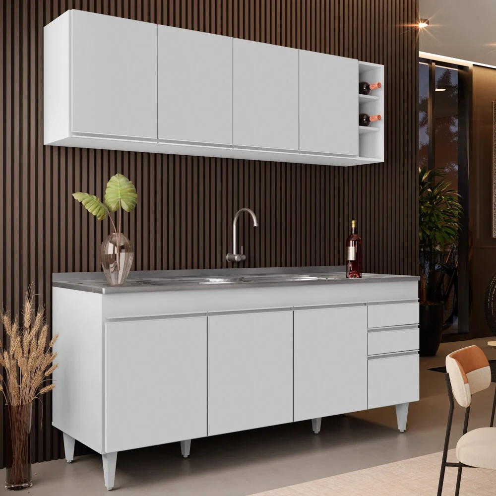 Armário Aéreo Nevada e Balcão Gabinete 180cm Com Pia Dallas Branco - Lumil