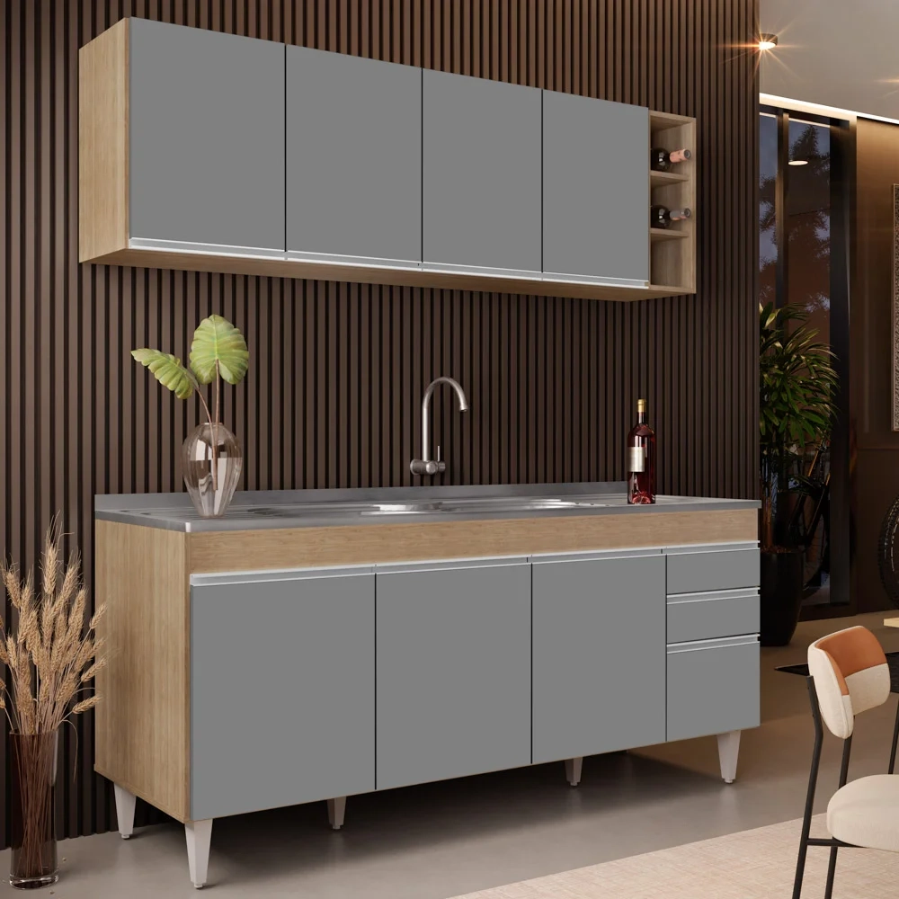 Armário Aéreo Nevada e Balcão Gabinete 180cm Com Pia Dallas Castanho/Cinza - Lumil