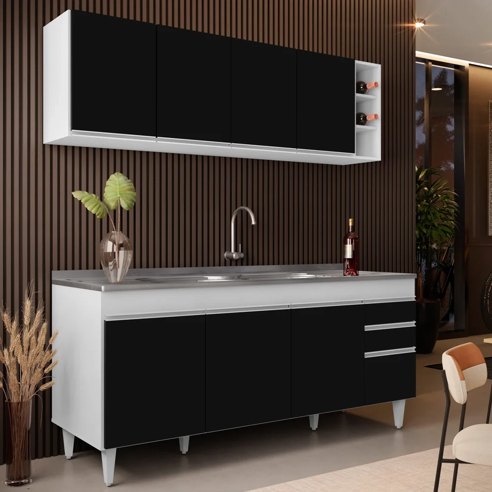 Armário Aéreo Nevada e Balcão Gabinete 180cm Com Pia Dallas Branco/Preto - Lumil