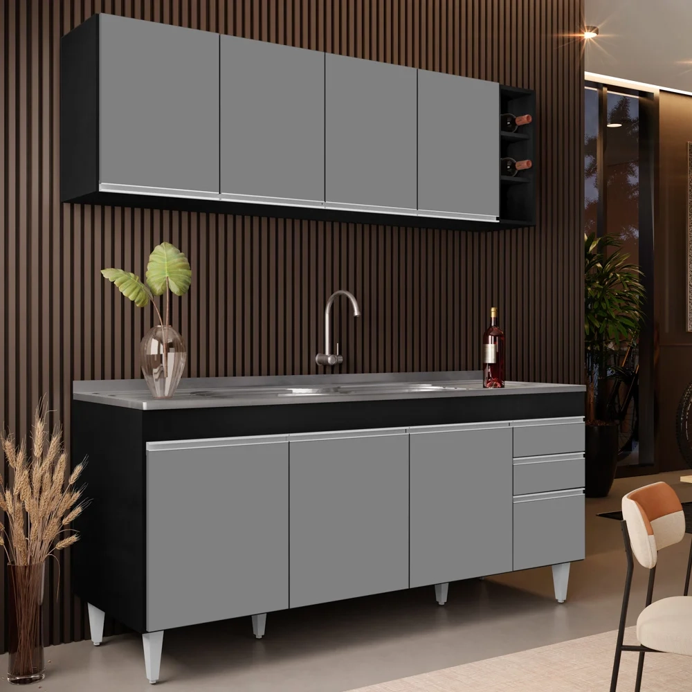 Armário Aéreo Nevada e Balcão Gabinete 180cm Com Pia Dallas Preto/Cinza - Lumil