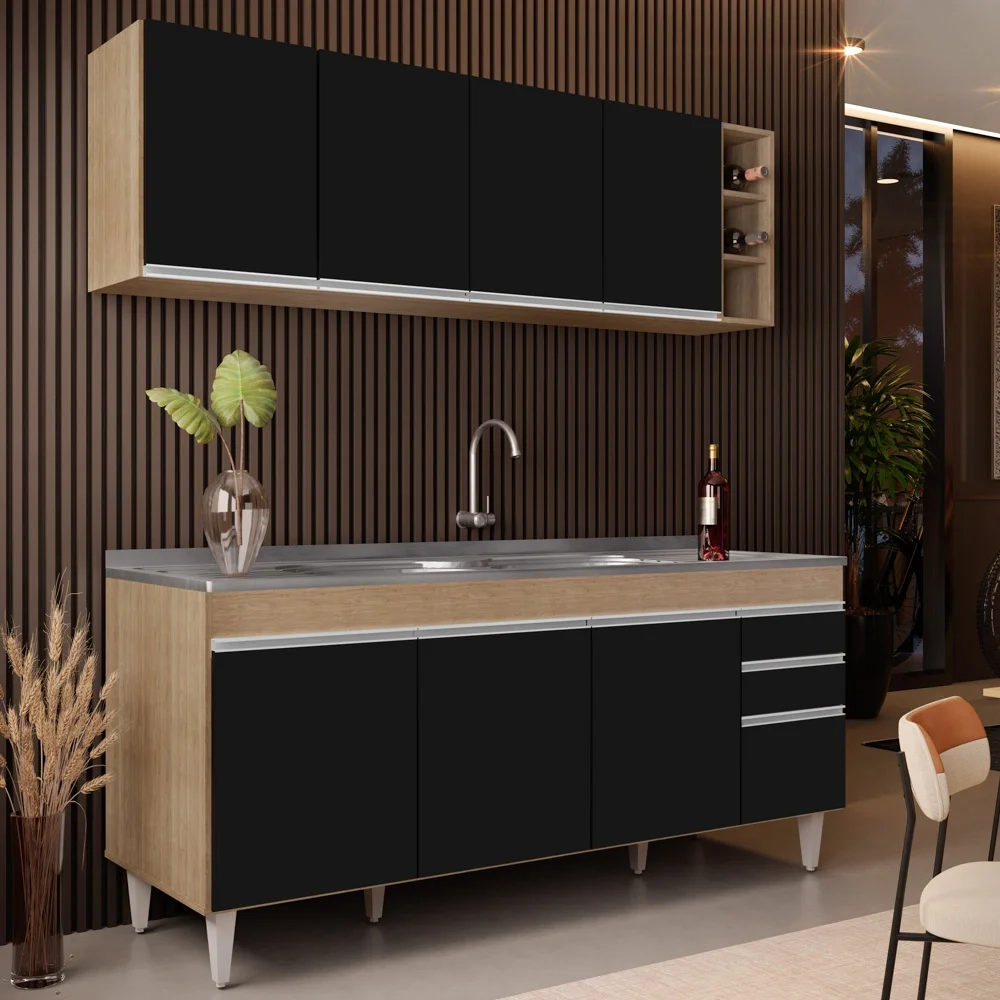 Armário Aéreo Nevada e Balcão Gabinete 180cm Com Pia Dallas Castanho/Preto - Lumil