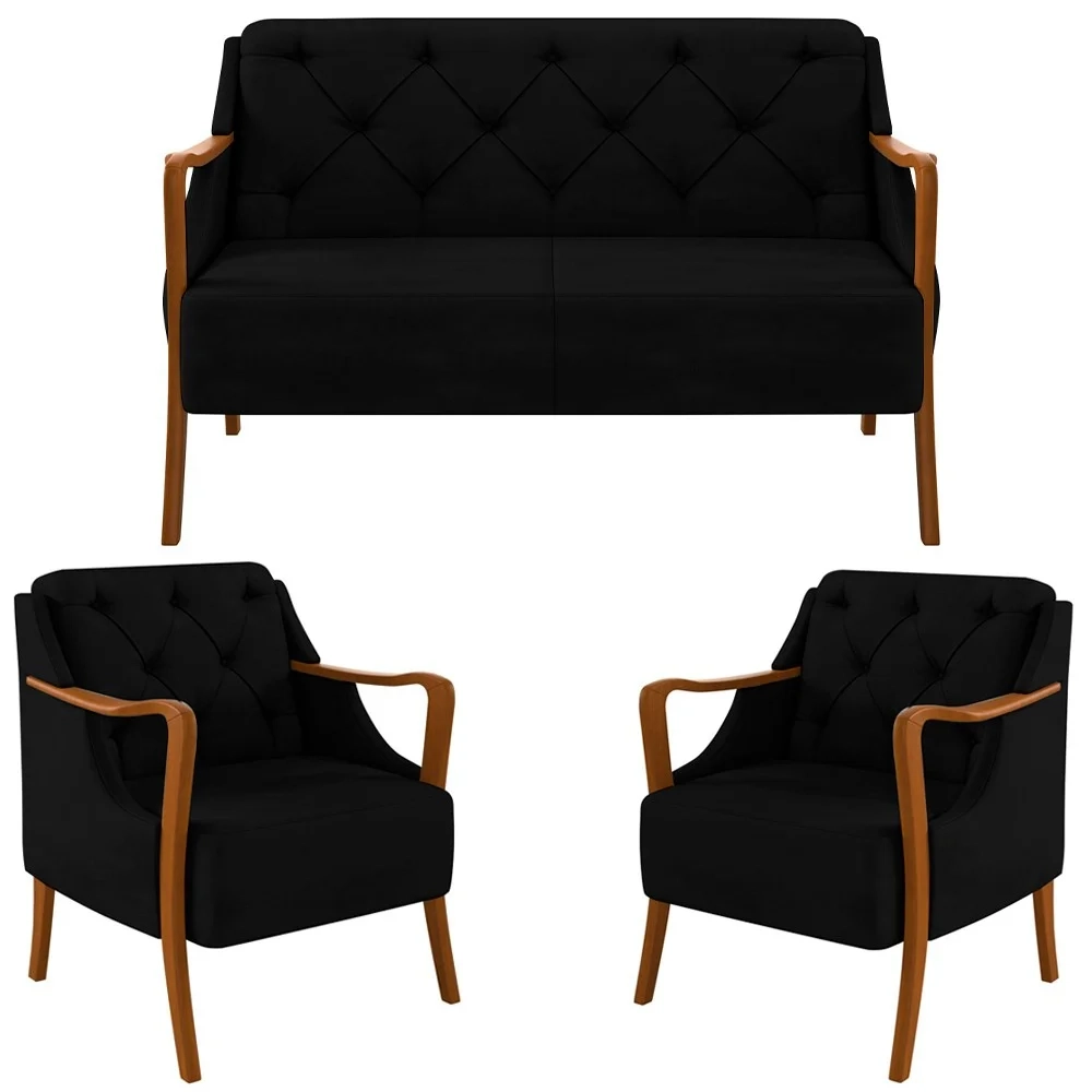 Kit Namoradeira 135cm e 2 Poltronas Decorativas Capitonê Lapa Z32 Veludo Preto - Mpozenato