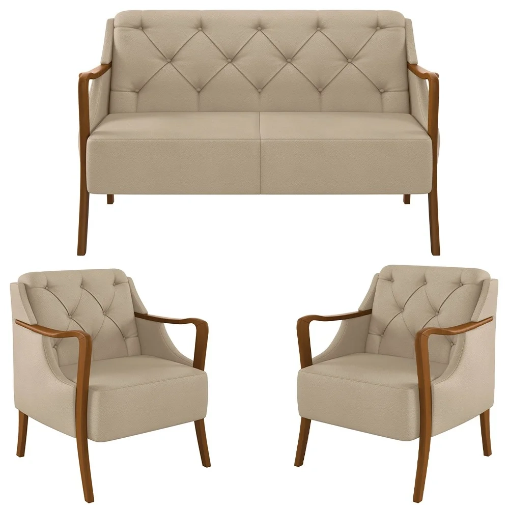 Kit Namoradeira 135cm e 2 Poltronas Decorativas Capitonê Lapa Z32 PU Bege - Mpozenato