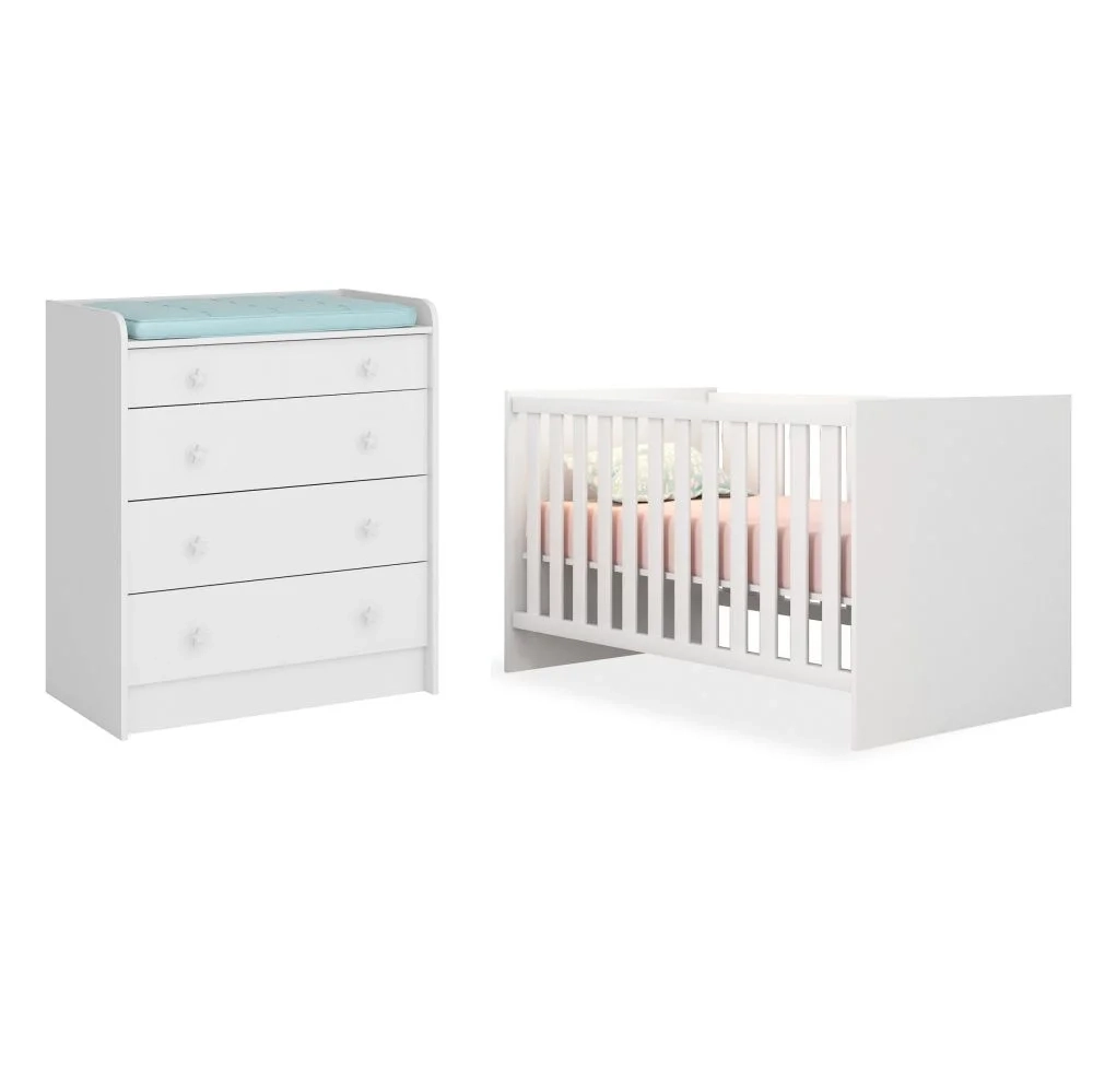 Berço Americano Mini Cama e Cômoda 4 Gavetas Doce Sonho Branco - Qmovi