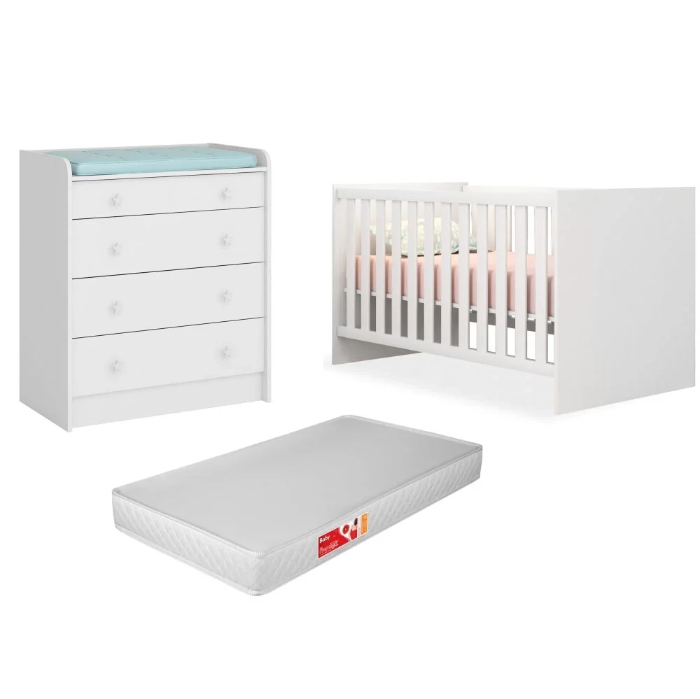 Berço Mini Cama Com Colchão e Cômoda Doce Sonho Branco - Qmovi