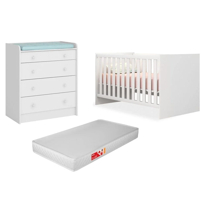 Berço Mini Cama Com Colchão e Cômoda Doce Sonho Branco - Qmovi