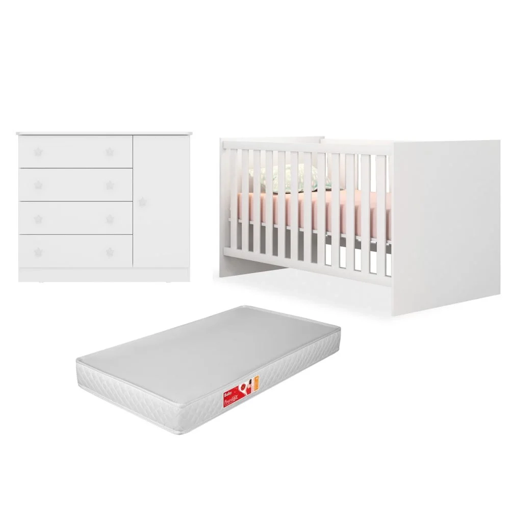 Berço Americano Mini Cama Com Colchão e Cômoda Doce Sonho Branco - Qmovi