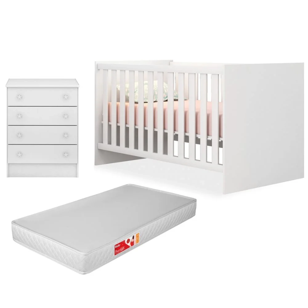 Berço Mini Cama Com Colchão e Cômoda 64cm Doce Sonho Branco - Qmovi