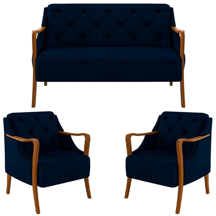 Kit Namoradeira 135cm e 2 Poltronas Decorativas Capitonê Lapa Z32 Veludo Azul Marinho - Mpozenato
