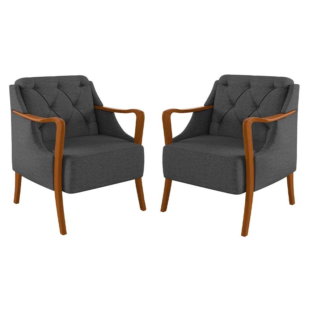 Kit 2 Poltronas Decorativas para Sala de Estar Capitonê Lapa Z32 Linho Cinza Escuro - Mpozenato