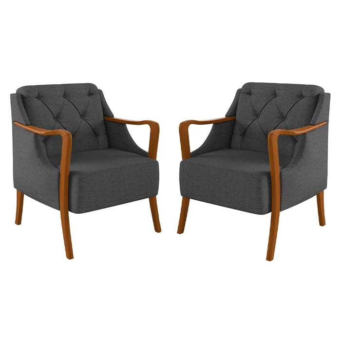 Kit 2 Poltronas Decorativas para Sala de Estar Capitonê Lapa Z32 Linho Cinza Escuro - Mpozenato
