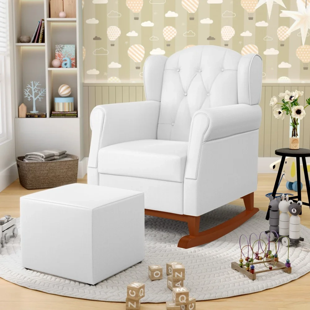 Poltrona Amamentação Base Madeira Balanço e Puff Lucy Z39 Sintético Branco - Mpozenato