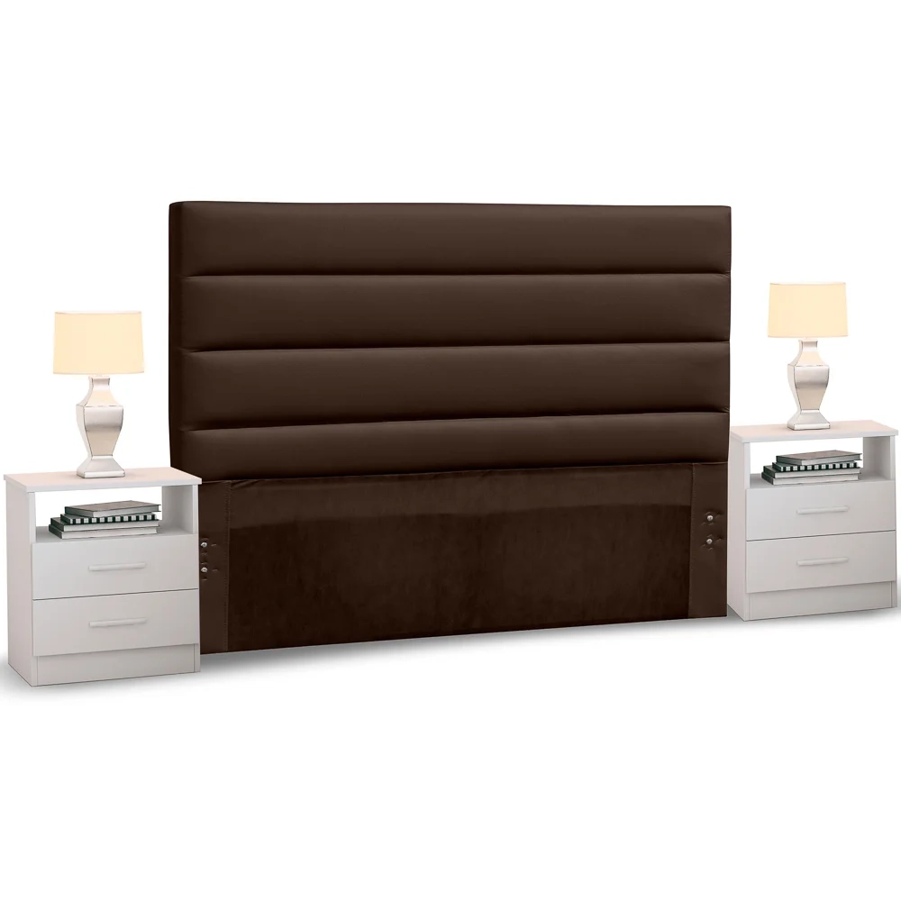 Cabeceira Cama Box Casal 140cm Greta Corano Marrom e 2 Mesas de Cabeceira Flex Branco - Mpozenato