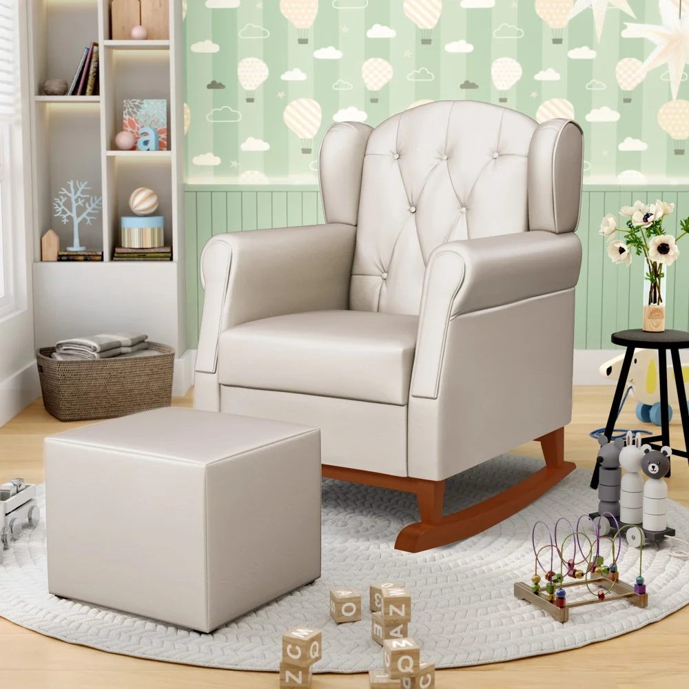 Poltrona Amamentação Base Madeira Balanço e Puff Lucy Z39 Sintético Bege - Mpozenato