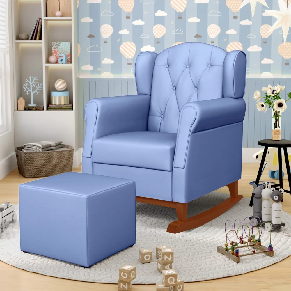 Poltrona Amamentação Base Madeira Balanço e Puff Lucy Z39 Sintético Azul - Mpozenato