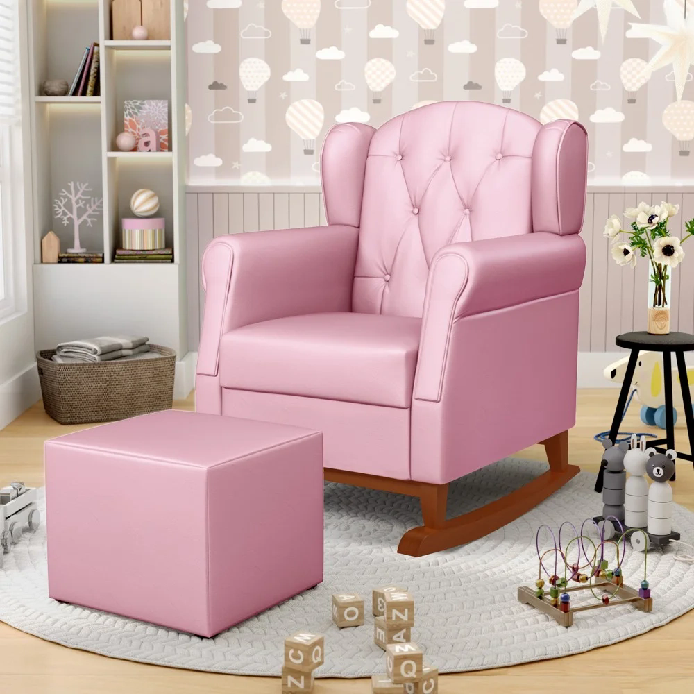 Poltrona Amamentação Base Madeira Balanço e Puff Lucy Z39 Sintético Rosa - Mpozenato