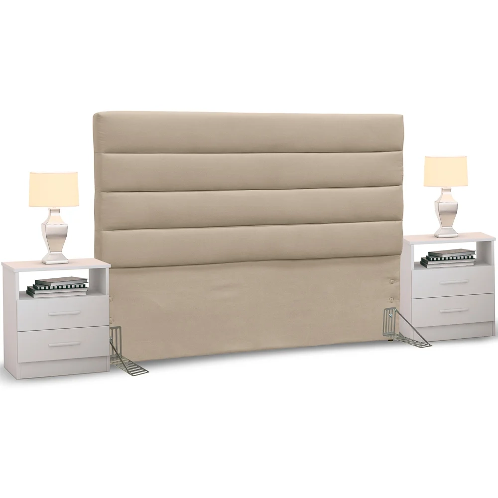 Cabeceira Cama Box Casal 140cm Greta Suede Bege e 2 Mesas de Cabeceira Flex Branco - Mpozenato