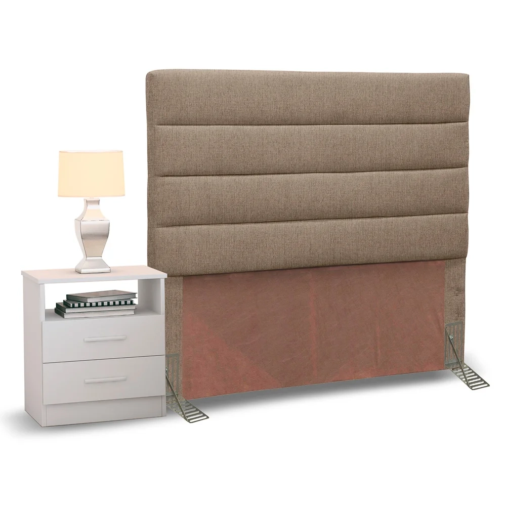 Cabeceira Cama Box Solteiro 90cm Greta Linho Areia e 1 Mesa de Cabeceira Flex Branco - Mpozenato