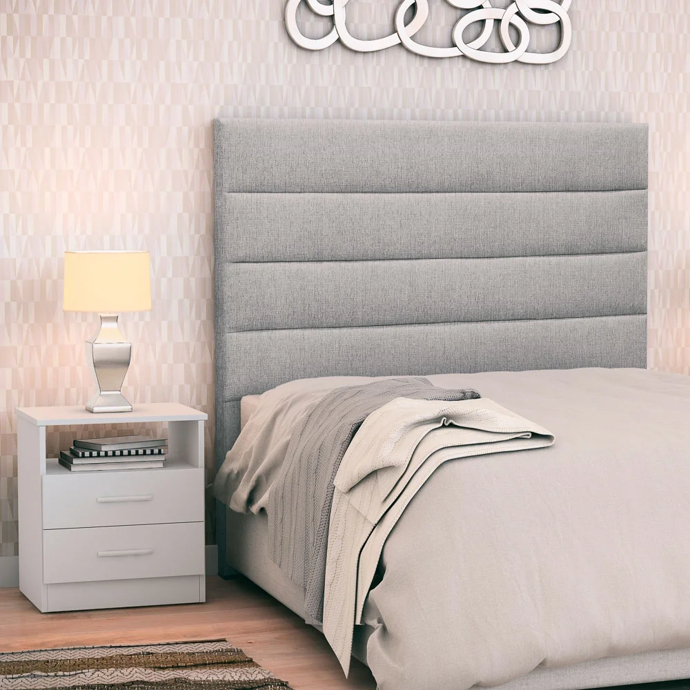 Cabeceira Cama Box Solteiro 90cm Greta Linho Cinza e 1 Mesa de Cabeceira Flex Branco - Mpozenato