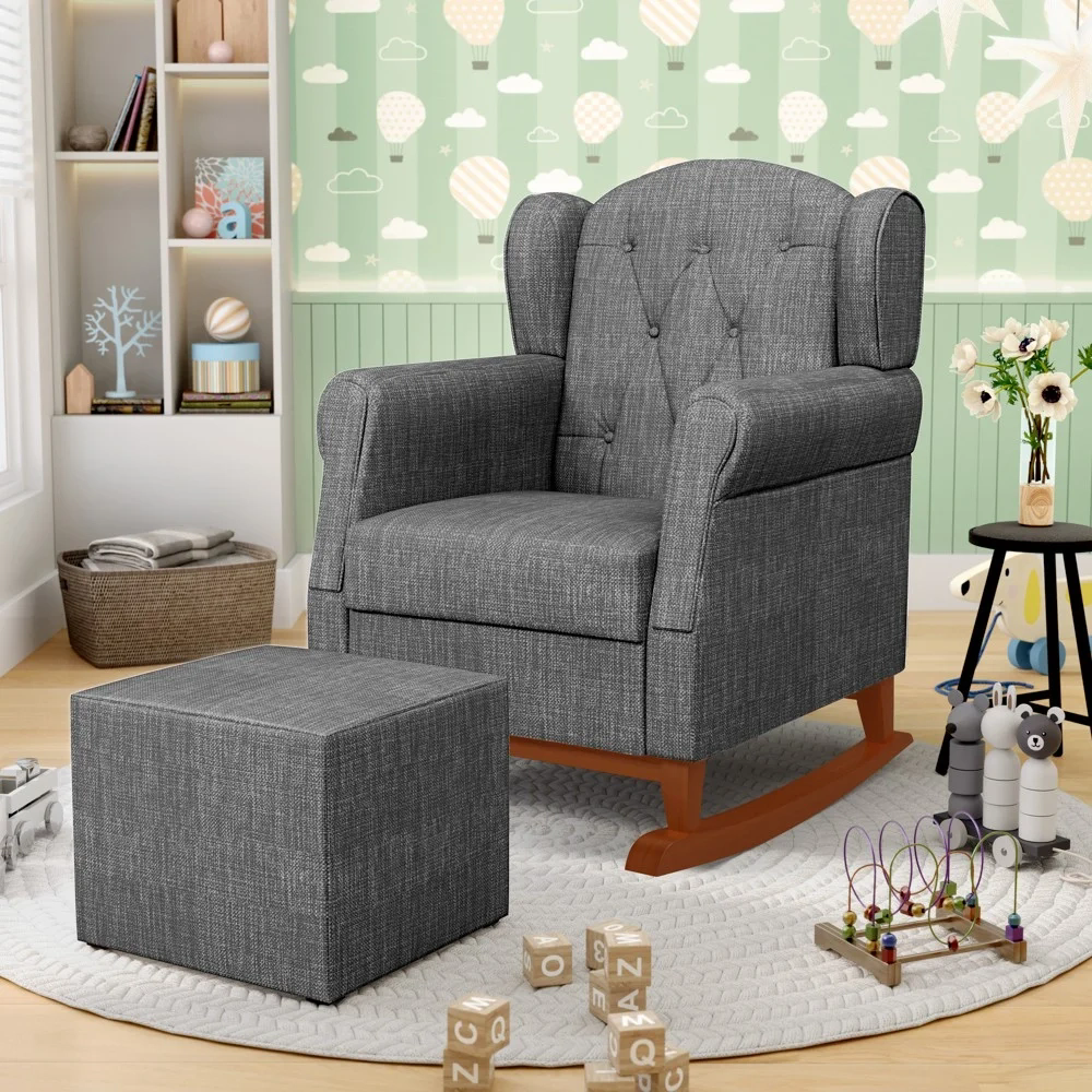 Poltrona Amamentação Base Madeira Balanço e Puff Lucy Z39 Linho Cinza Escuro - Mpozenato