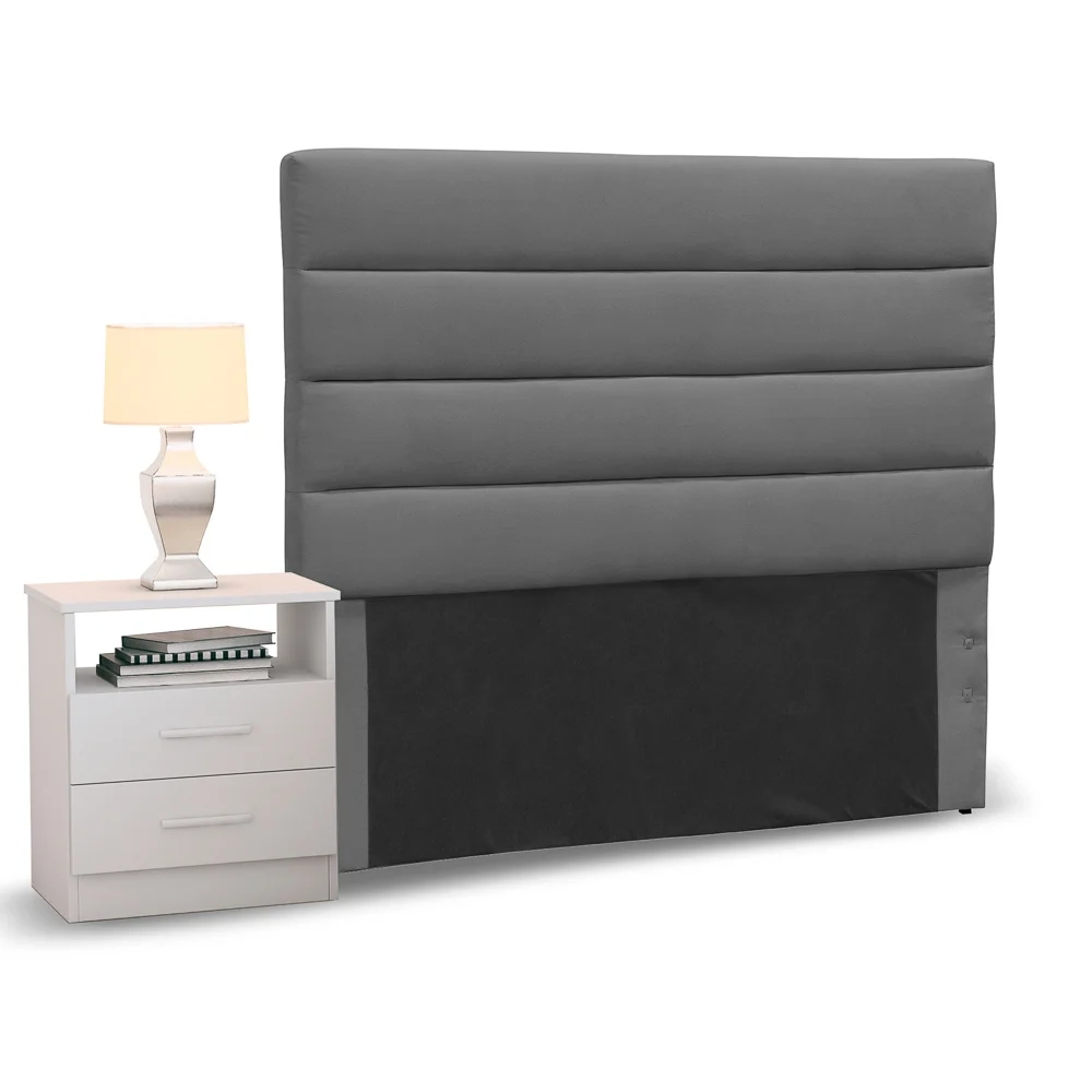 Cabeceira Cama Box Solteiro 90cm Greta Suede Cinza e 1 Mesa de Cabeceira Flex Branco - Mpozenato
