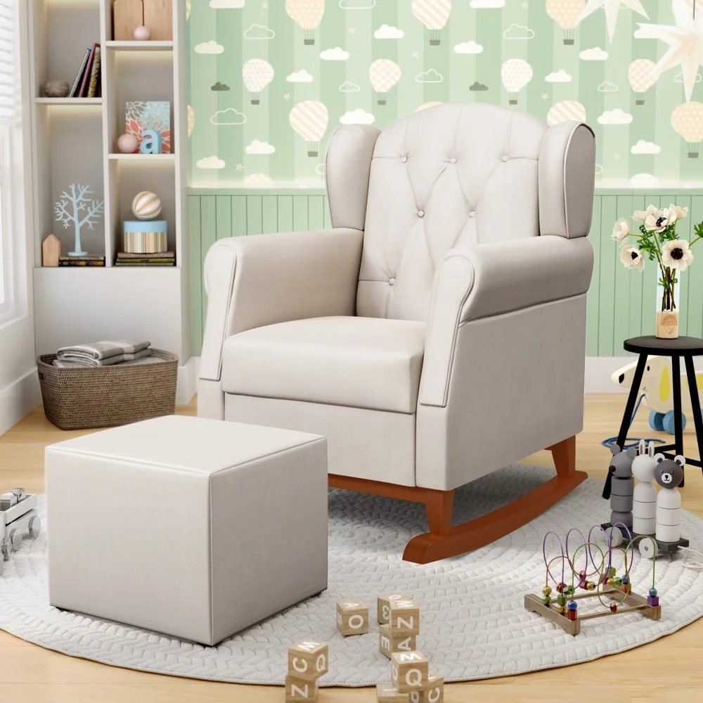 Poltrona Amamentação Base Madeira Balanço e Puff Lucy Z39 Suede Bege - Mpozenato