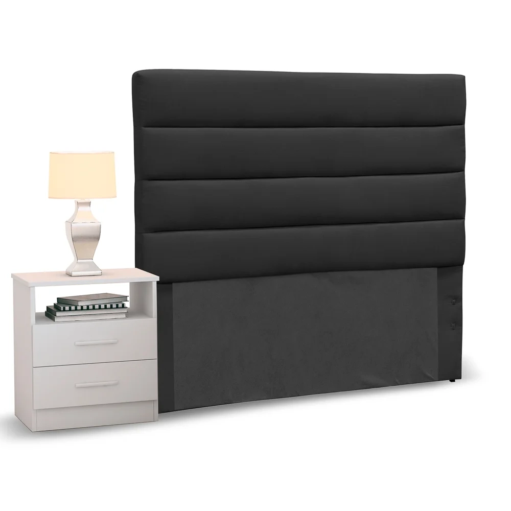 Cabeceira Cama Box Solteiro 90cm Greta Suede Preto e 1 Mesa de Cabeceira Flex Branco - Mpozenato