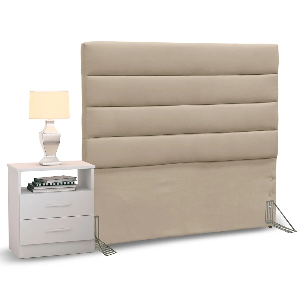 Cabeceira Cama Box Solteiro 90cm Greta Suede Bege e 1 Mesa de Cabeceira Flex Branco - Mpozenato