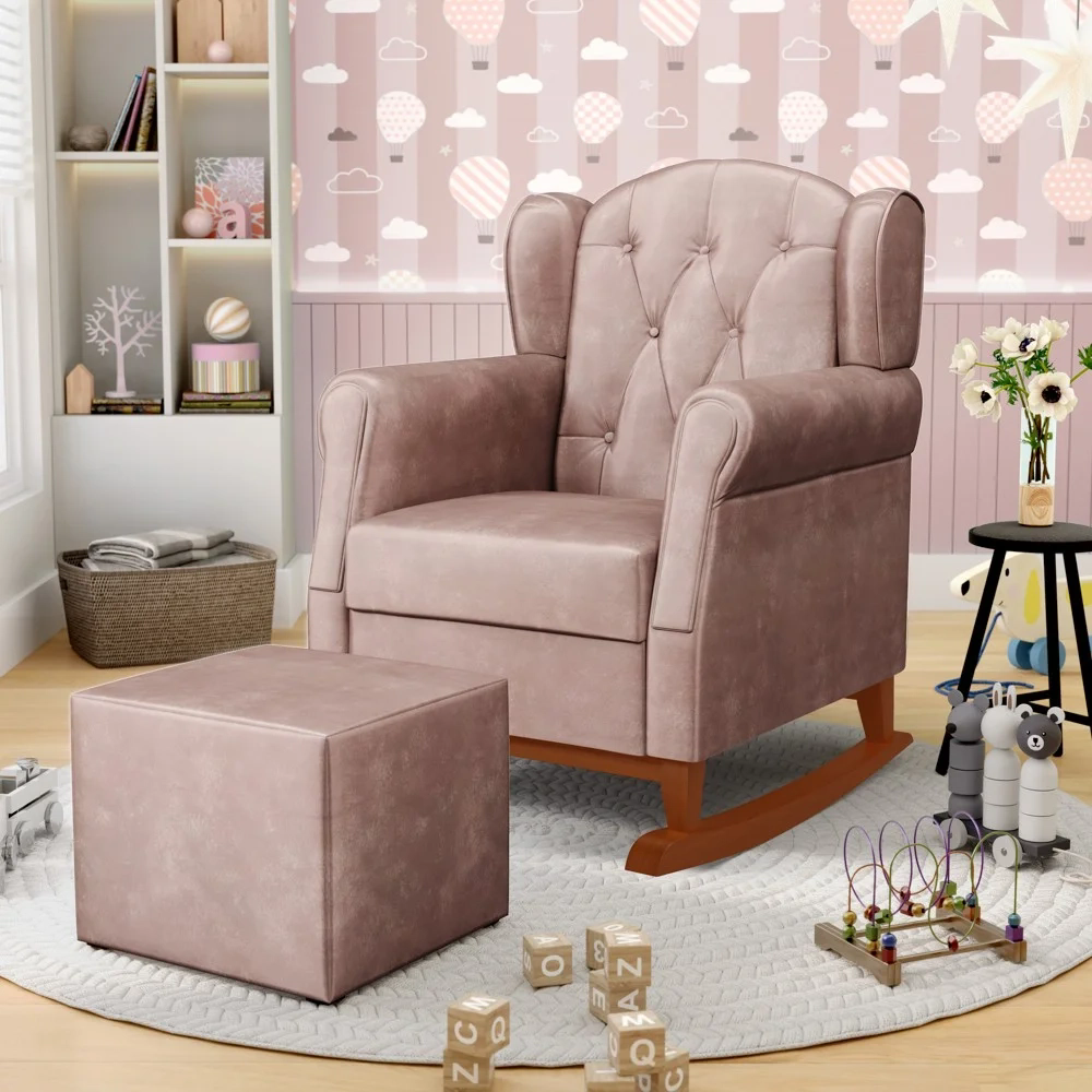 Poltrona Amamentação Base Madeira Balanço e Puff Lucy Z39 Veludo Rosê - Mpozenato
