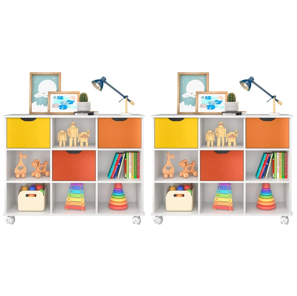 Kit 2 Nichos Organizadores com Rodízios Toys 3 Gavetas Q01 Branco/Colorido - Mpozenato