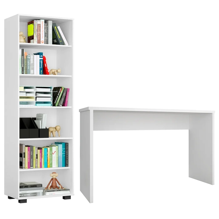 Conjunto Escritório 2 Peças Mesa Gávea e Estante Office Branco - Móveis Leão