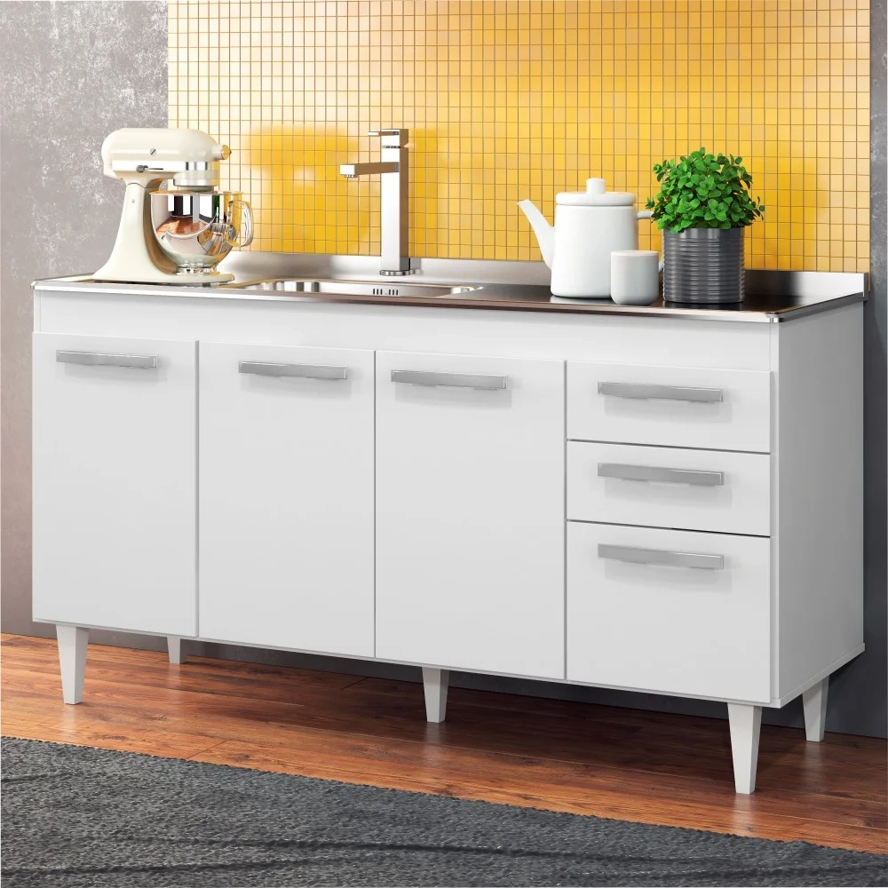Balcão Gabinete Lis com Pia Inox 150cm 4 Portas L03 Branco - Mpozenato