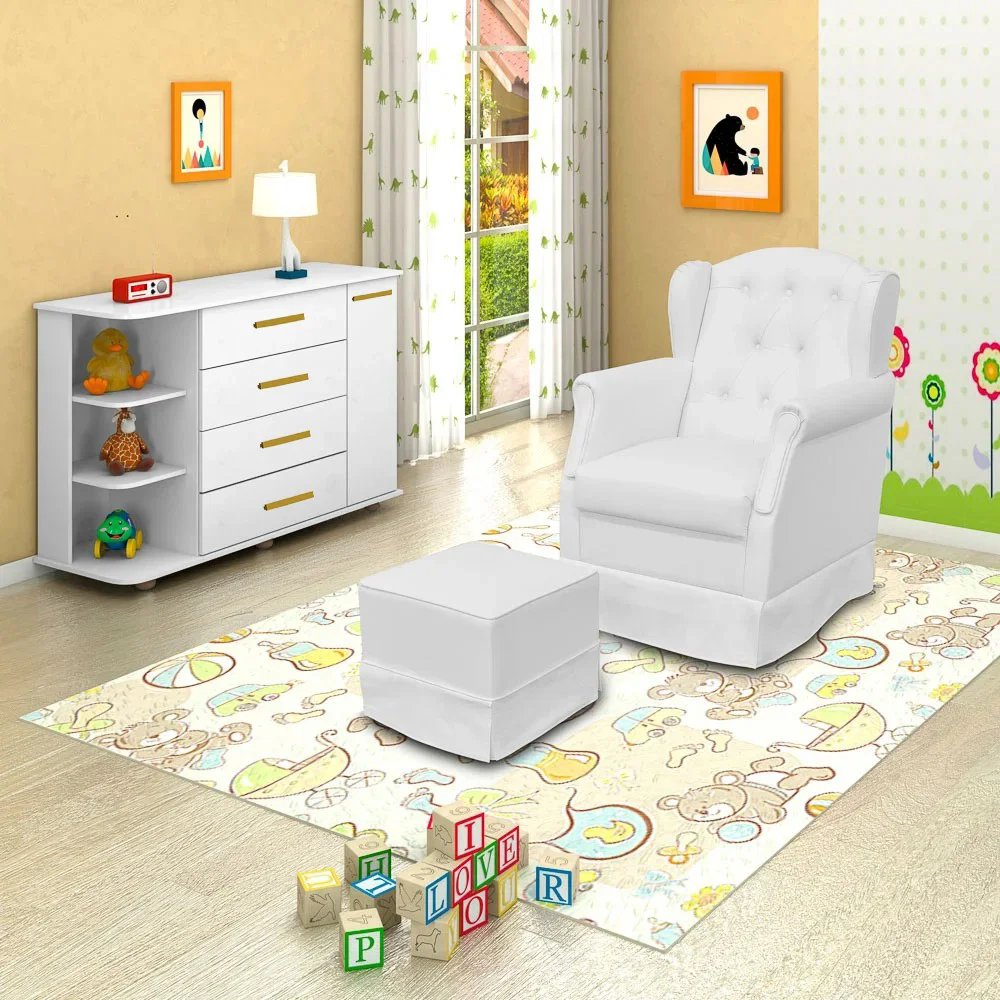 Poltrona de Amamentação Fixa com Puff Alice e Cômoda com Cantoneira Laura Z39 Branco - Mpozenato