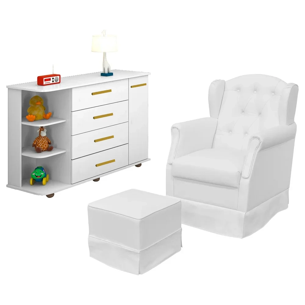 Poltrona de Amamentação Balanço Puff Alice e Cômoda Laura Z39 Branco - Mpozenato