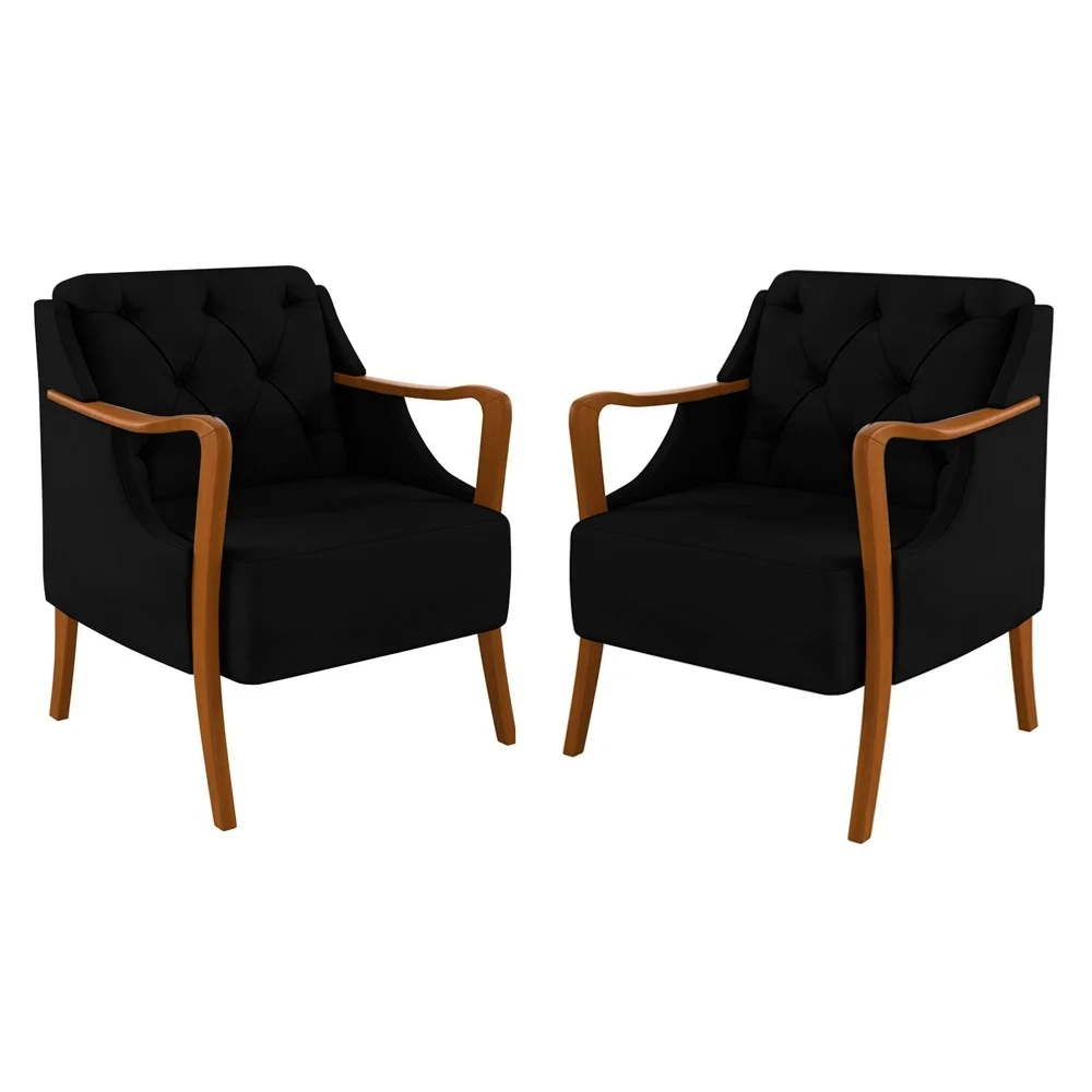 Kit 2 Poltronas Decorativas para Sala de Estar Capitonê Lapa Z32 Veludo Preto - Mpozenato