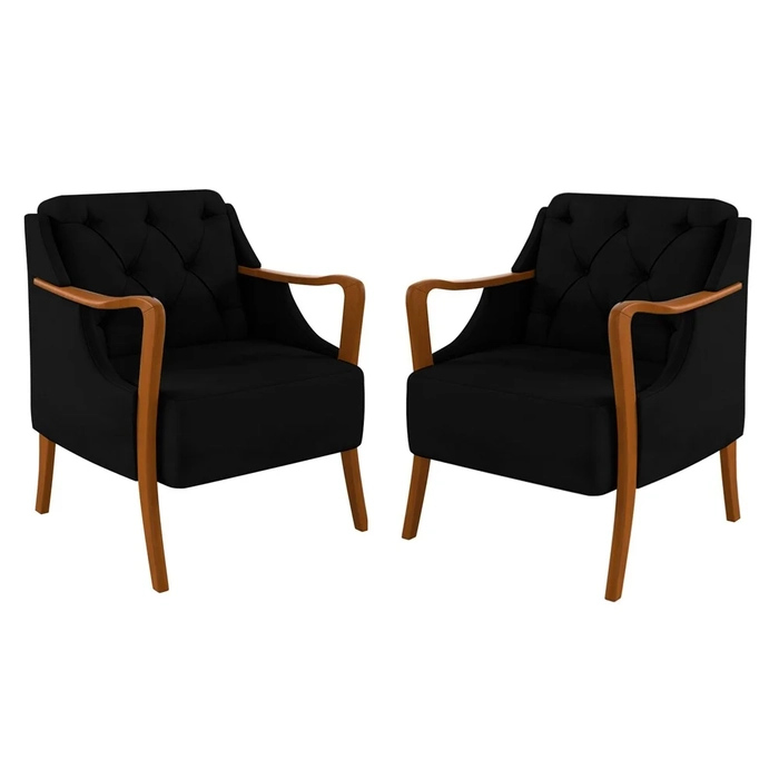 Kit 2 Poltronas Decorativas para Sala de Estar Capitonê Lapa Z32 Veludo Preto - Mpozenato