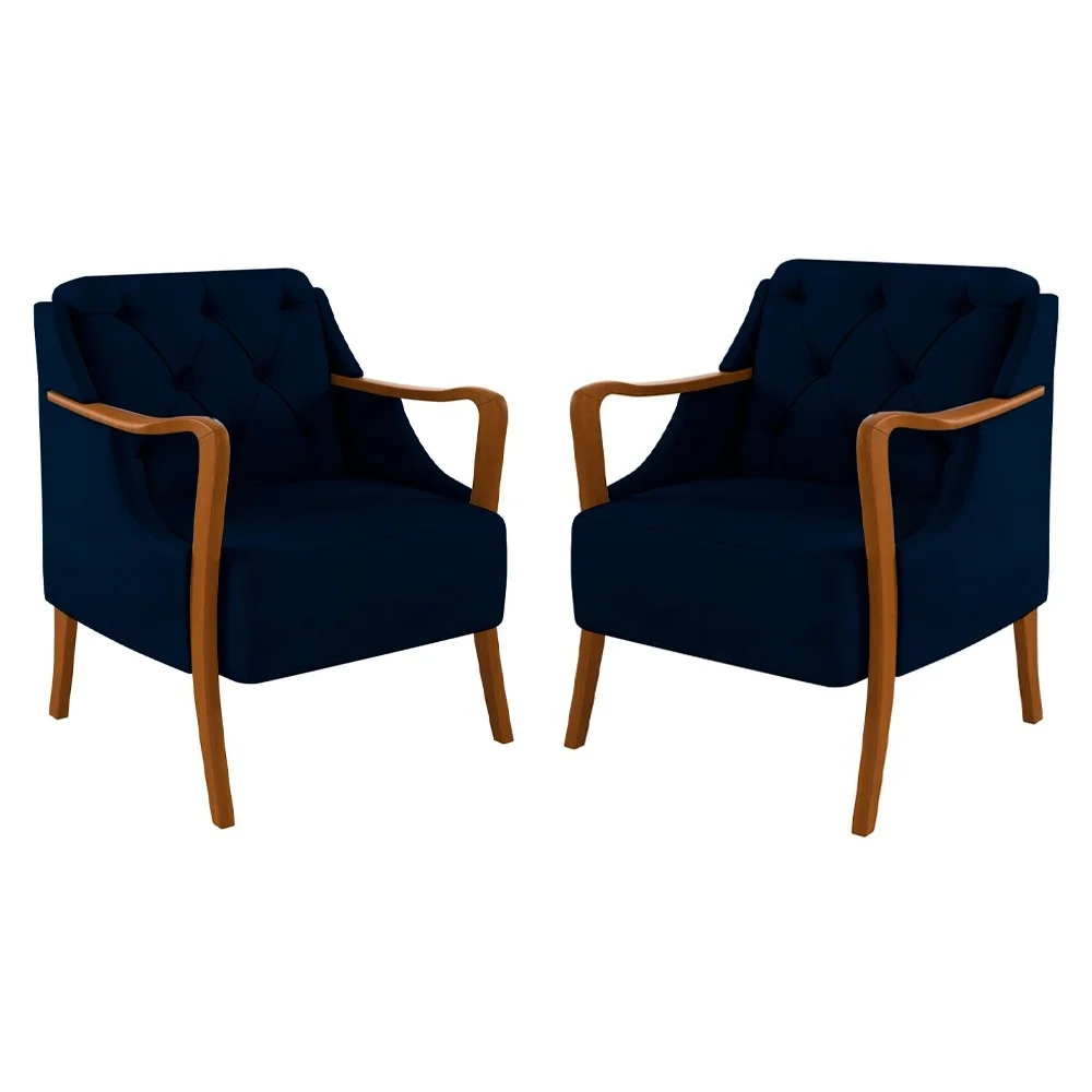 Kit 2 Poltronas Decorativas para Sala de Estar Capitonê Lapa Z32 Veludo Azul Marinho - Mpozenato