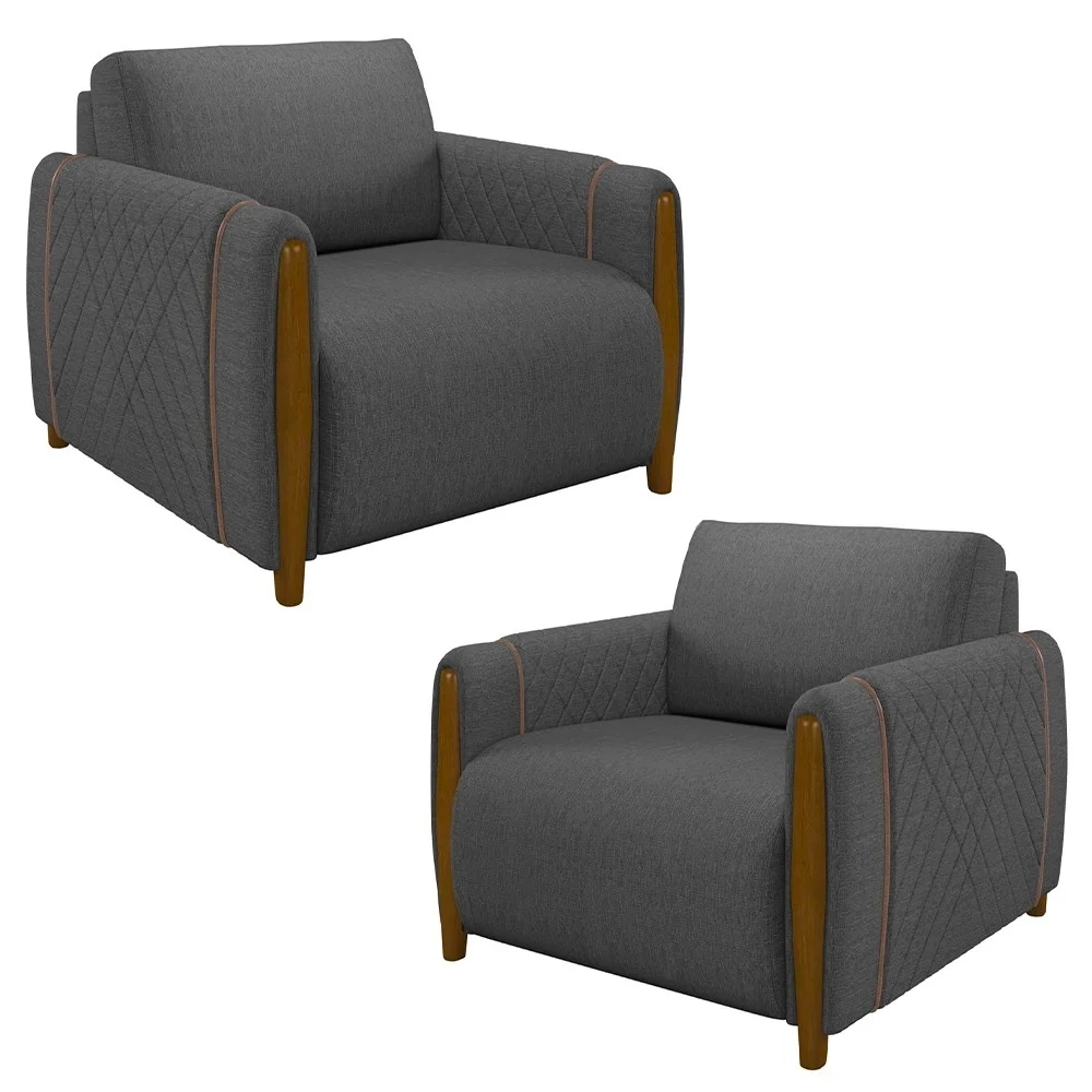 Kit 2 Poltronas Decorativas para Sala de Estar 98cm Amaranto Z32 Linho Cinza Escuro - Mpozenato
