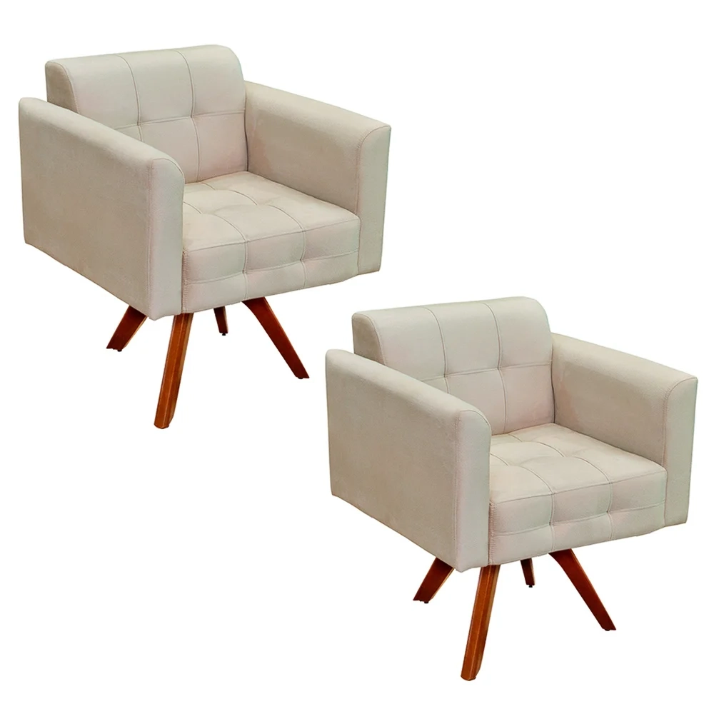 Kit 2 Poltronas Decorativas Base Madeira Giratória Ana Suede Bege - Ibiza