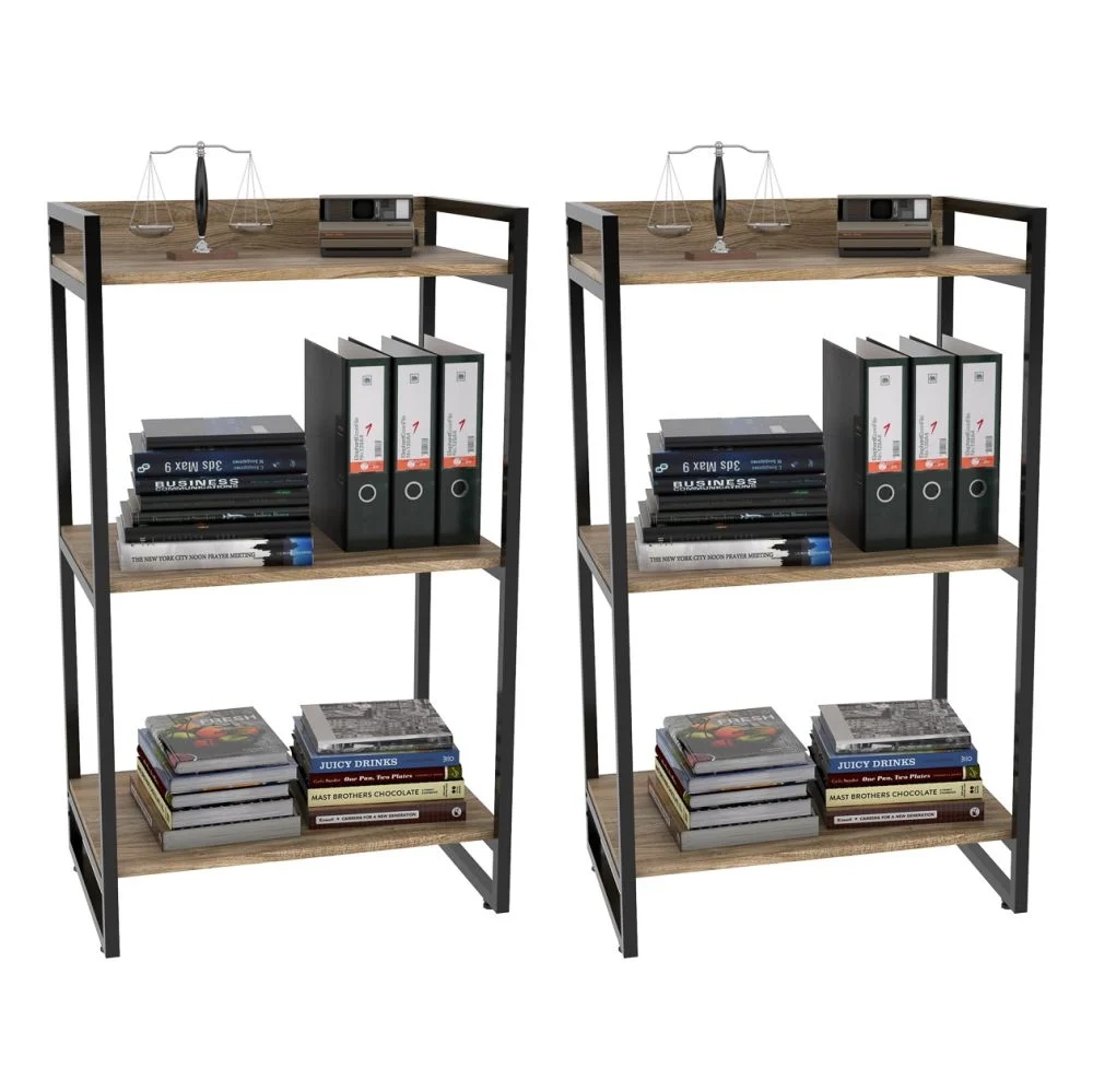 Kit 2 Estantes Livreiro Prisma Estilo Industrial 60cm 3 Prateleiras C08 Carvalho - Mpozenato