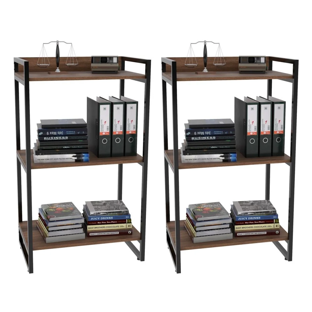 Kit 2 Estantes Livreiro Prisma Estilo Industrial 60cm 3 Prateleiras C08 Nogal - Mpozenato