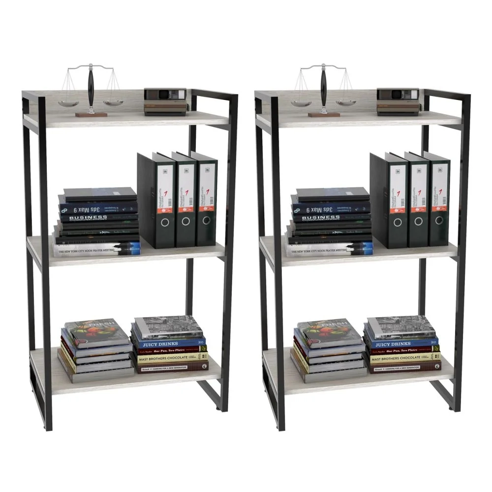 Kit 2 Estantes Livreiro Prisma Estilo Industrial 60cm 3 Prateleiras C08 Snow - Mpozenato