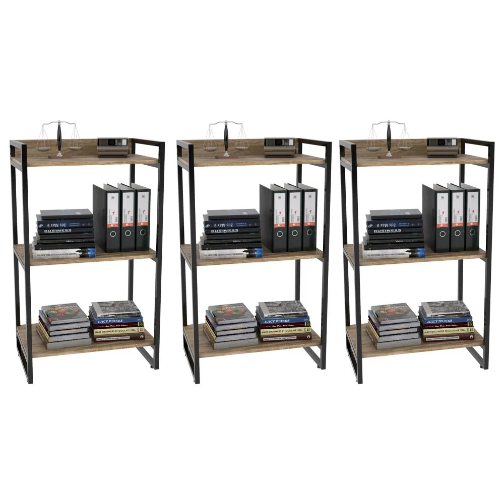 Kit 3 Estantes Livreiro Prisma Estilo Industrial 60cm 3 Prateleiras C08 Carvalho - Mpozenato