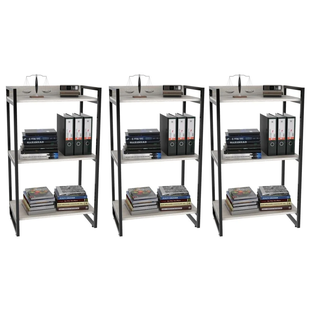 Kit 3 Estantes Livreiro Prisma Estilo Industrial 60cm 3 Prateleiras C08 Snow - Mpozenato