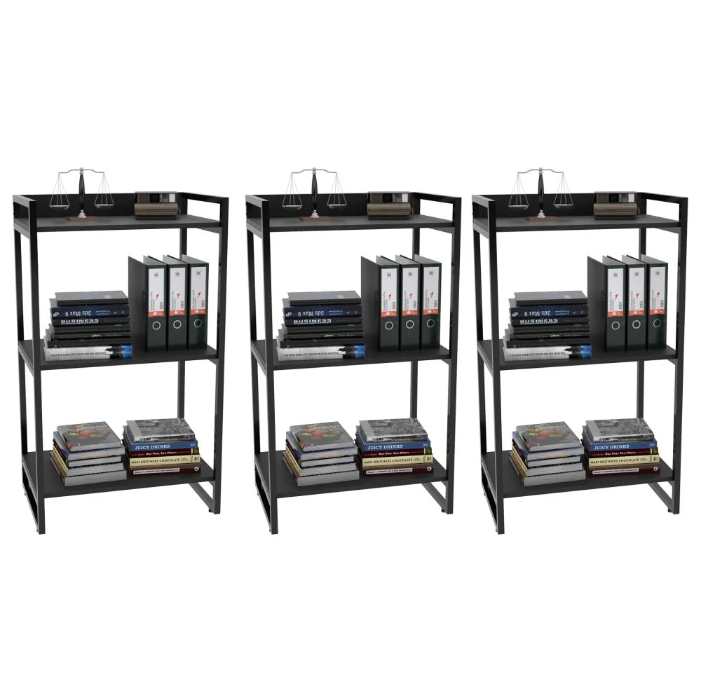 Kit 3 Estantes Livreiro Prisma Estilo Industrial 60cm 3 Prateleiras C08 Preto Onix - Mpozenato