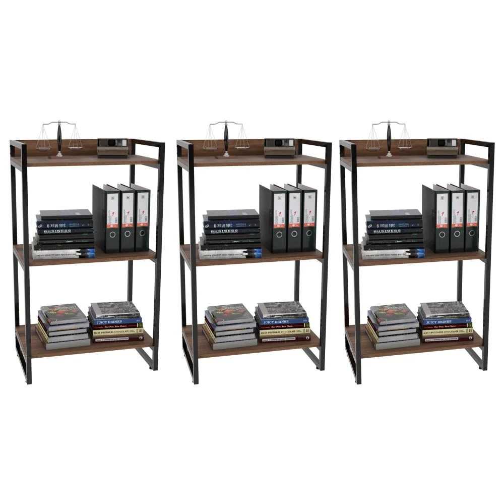 Estante Livreiro 60cm Industrial Prisma Kit 3 Nogal C08 - Mpozenato