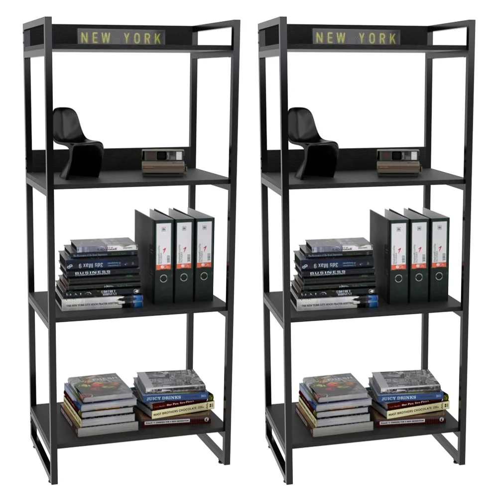 Kit 2 Estante Livreiro Prisma Estilo Industrial 60cm 4 Prateleiras C08 Preto Onix - Mpozenato